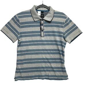 Hugo Boss Polo Shirt Mens Small Gray Blue Striped Slim Fit Short Sleeve Pique